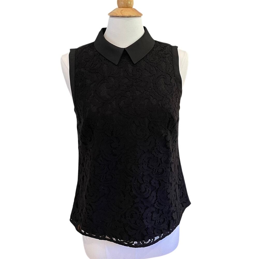 Ann Taylor Black Lace Sleeveless Popover Blouse, Satin Collar, Size Small